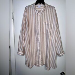 Old Navy The Boyfriend Beige White Stripes Linen Blend Button Oversized Shirt 4X